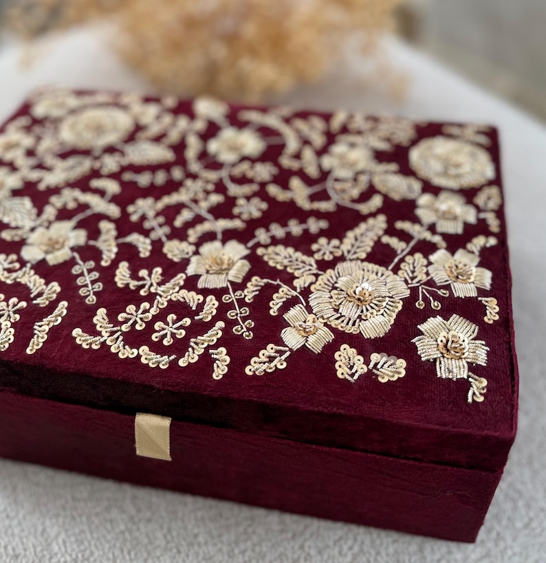 Handmade Maroon Velvet Trousseau Box | Gold Zardozi Embroidery image 4