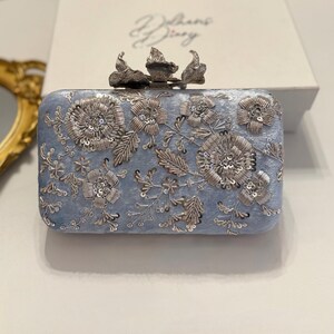 Powder Blue Zardozi Work Clutch| Handmade Indian/ Pakistani Clutch | Ethnic Clutch | Box Clutch | Ivory Clutch |