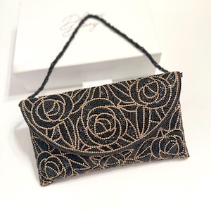 Black Evening Clutch | Floral Clutch | Beaded Clutch Purse | Envelope Clutch | Gift for her | Gift for Wife | Gift for Friend | Gift for Mom