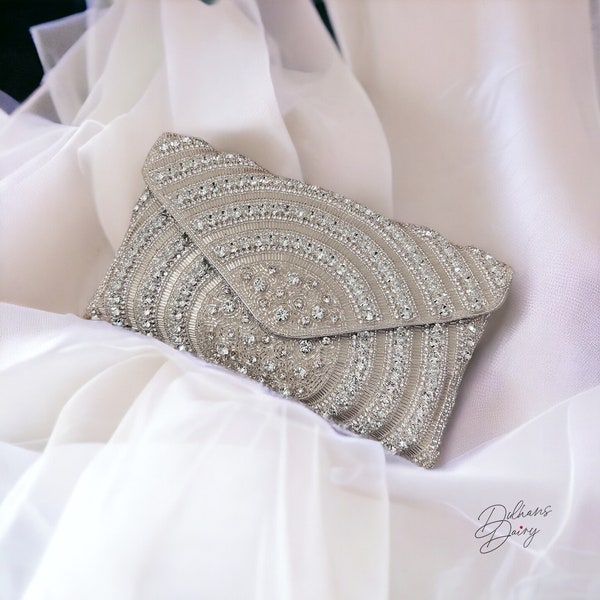 Dazzling Diamond Dust | Crystal Embellished Bridal Handmade Evening Ivory Wristlet Clutch | Silver Envelope Clutch | White Clutch