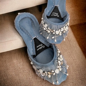 Powder Blue Velvet Bridal Jutti: Pearl & Bead Khussa Flat Shoes