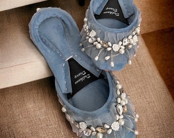 MajesticLace |  Pastel Blue Velvet Khussas/Juttis/Ladies handmade Pakistani Indian Khussa | Punjabi Jutti | Bridal Shoes