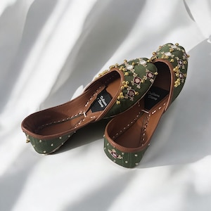 Dangle Dazzle | Olive Green Jutti With Mirror Work and Dangle | Pakistani Khussa | Punjabi Jutti | Women Mehendi/ Henna Party Jutti