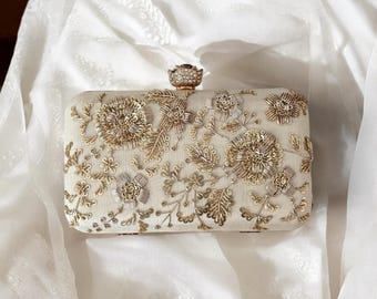 Ivory Bridal Clutch: Zardosi Silk Wedding Bag with Rose Clasp