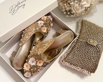 Gold Floral Bridal Mules: Hand-Beaded Indian Juttis