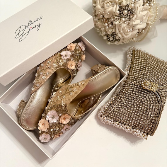 Gold Floral Bridal Mules: Hand-Beaded Indian Juttis