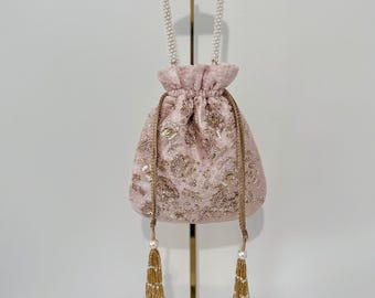 Light Pink Zardozi Work Bridal Potli Bag: Indian Wedding Evening Bag