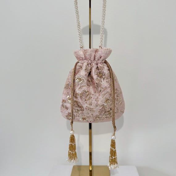 Light Pink Zardozi Work Bridal Potli Bag: Indian Wedding Evening Bag