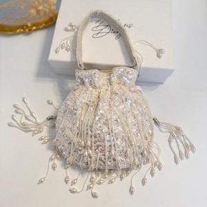 White Bridal Handbag | Pearl Potli Bag | Bridal Potli Bag | Wedding Day Purse | Handmade Evening Bag | Indian Potli | White Purse