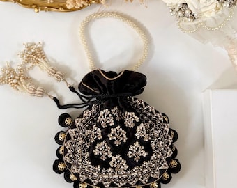 Handmade Black Velvet Potli Bag: Embroidered Evening Bag