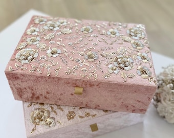Handmade Pink Velvet Trousseau Box: Bridal Keepsake with Zardozi Embroidery