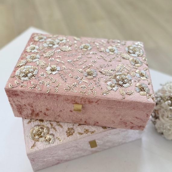 Handmade Pink Velvet Trousseau Box: Bridal Keepsake with Zardozi Embroidery