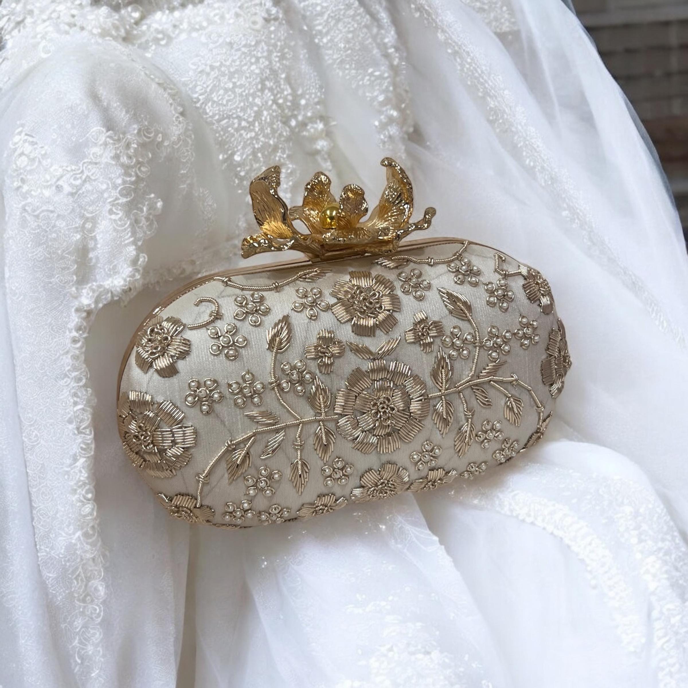 Ivory Bridal Clutch: Raw Silk Beaded Evening Bag With Pearl Flower
