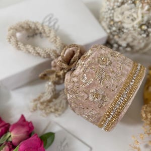 Luxury Bridal Velvet Potli Bag: Pink Zardozi Wedding Purse