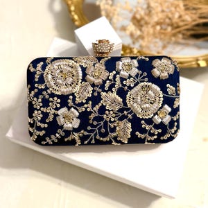 Midnight Blue With Dual Tone Zardozi Work Wedding Day Clutch| Handmade Indian Clutch | Navy Blue Clutch | Wristlet | Gift for her