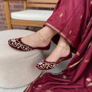 Maroon Bridal Khussa Jutti: Handmade Threadwork Indian Wedding Shoes