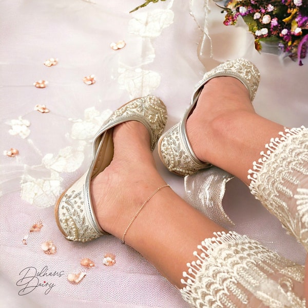 Ivory Frost | Bridal Wedding Day Jutti | Pakistani Indian Khussa Sandal | Bridal flat shoes | Women slip ons | white Dancing shoes