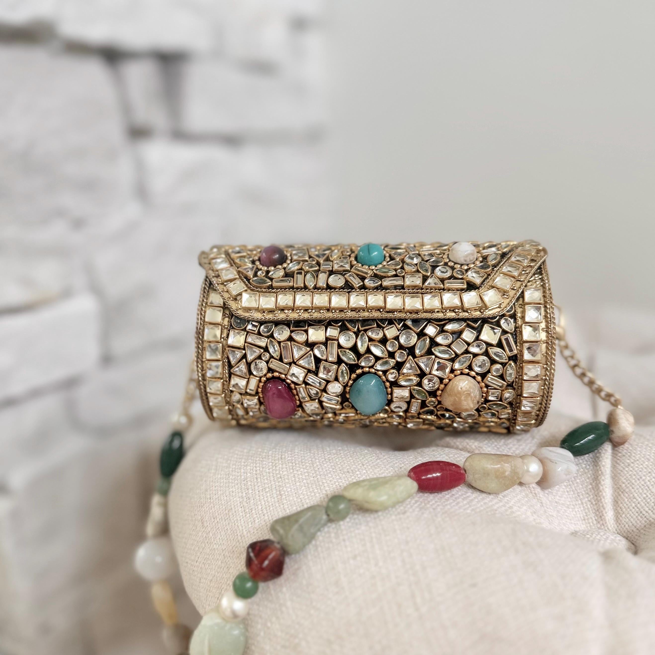 Mini Kundan Gemstone Clutch: Gold Statement Bag, Chain Strap