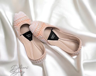 Light Peach Beaded Jutti/ Khussa |  Handmade Punjabi Khussa Jutti |  Bridal Beaded Flat Dancing Shoes