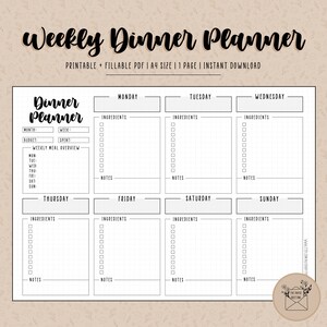 May include: A printable weekly dinner planner with a beige floral background. The planner includes sections for each day of the week, with space for ingredients and notes. The title "Weekly Dinner Planner" is written in a decorative font.