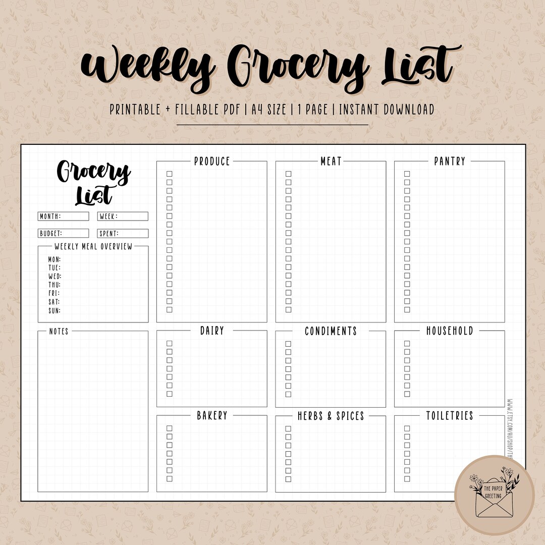 Digital Weekly Grocery Shopping List Planner Organisation Template With ...