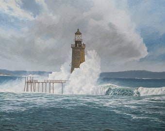 Orginal Oil Painting Landscape Ram Island Ledge Light Lighthouse