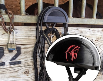 Personalized Hanging Adjustable Bridle Holder - 2 Color Custom - 2" Bridle Depth - Portable - Hangs over Stall Doors, Walls, or Anywhere