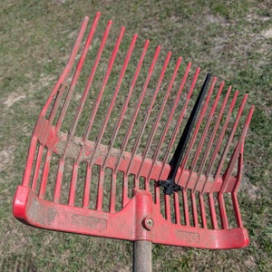 May include: A red metal garden rake with a black handle. The rake has a wide head with many tines.
