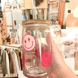 Preppy Beer Can Glasses 16oz Smiling Face Glass Cups with Lids Straws and  Cleaning Brush Pink Preppy…See more Preppy Beer Can Glasses 16oz Smiling