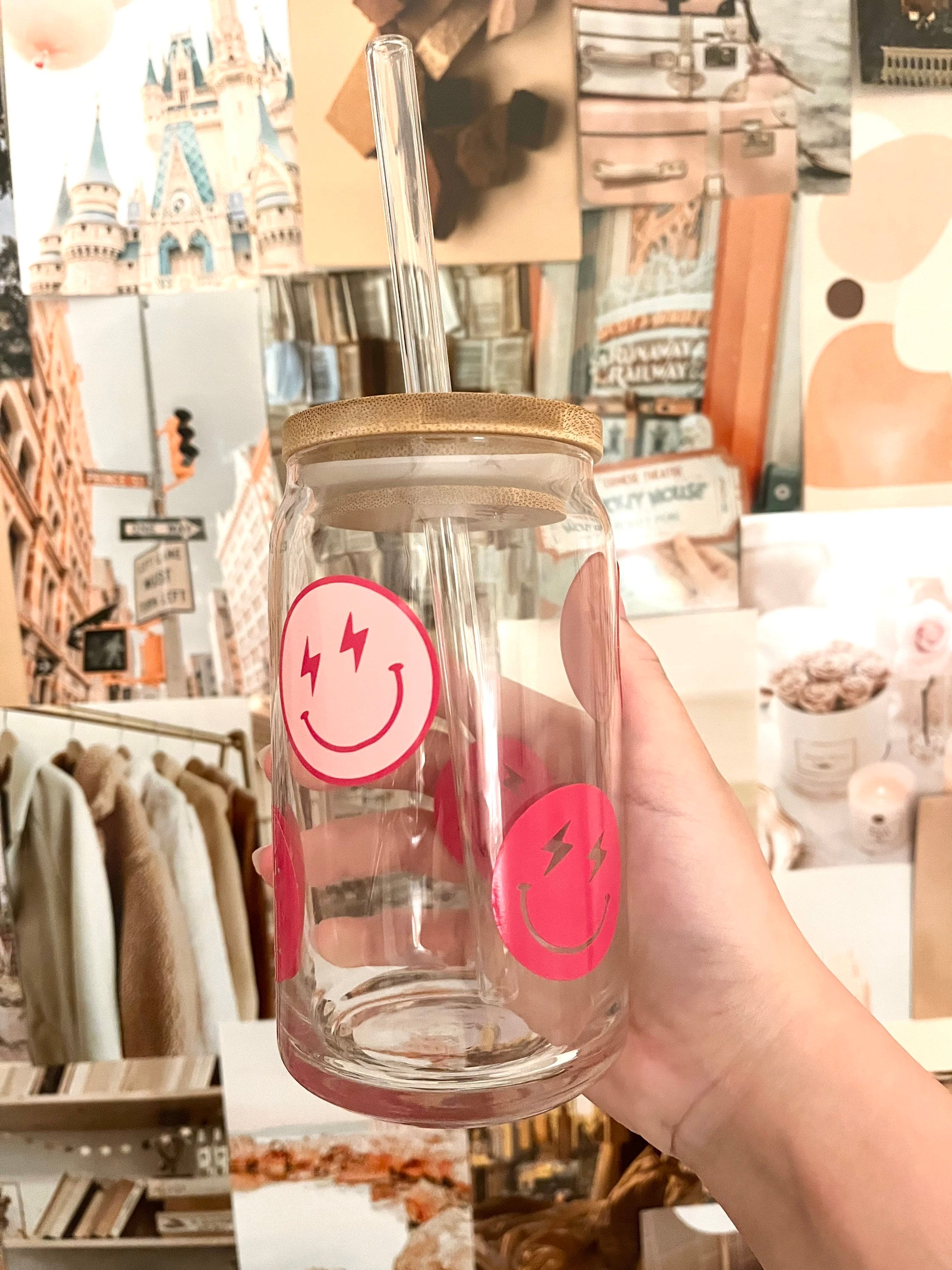Smiley face preppy glass cup