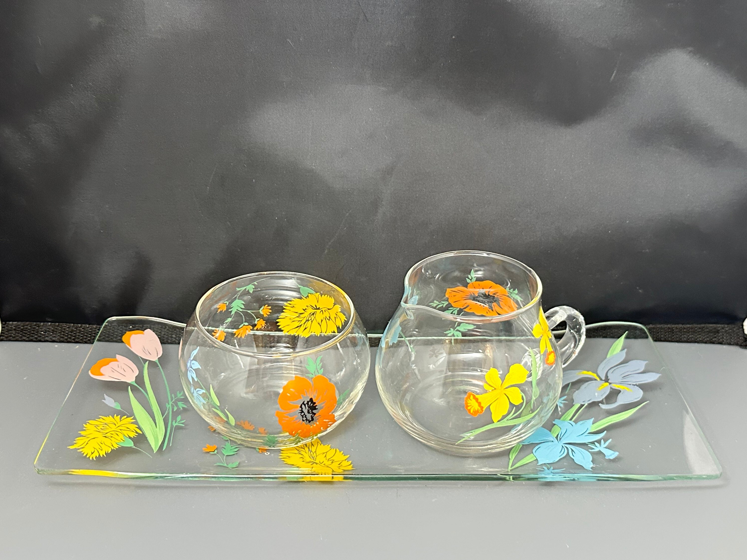 Vintage Glass Creamer and Sugar Set With Tray / Glass Creamer Etsy