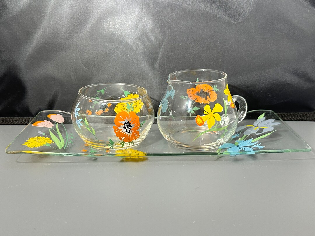 Vintage Glass Creamer and Sugar Set With Tray / Glass Creamer Etsy