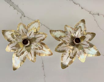 Vintage gold and cream painted metal flower candlestick holders.