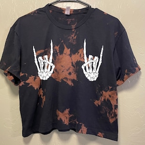 Skeleton hand rocker shirt, acid wash shirt, bleached shirt, skeleton shirt, crop top, rock on t shirt, skull shirt,