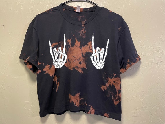 Bleached Skeleton Hand Crop Top: Acid Wash Rock On Tee