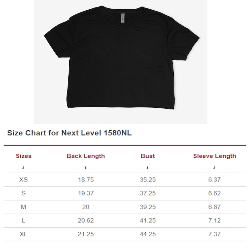 Puede incluir: Tabla de tallas para una camiseta negra recortada de Next Level Apparel, estilo 1580NL. La tabla muestra las medidas en pulgadas para las tallas XS, S, M, L y XL, incluyendo la longitud de la espalda, el busto y la longitud de la manga.
