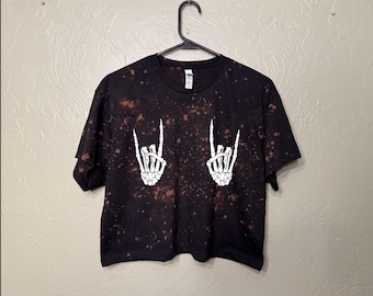 Acid Wash Skeleton Hand Crop Top: Bleached Rocker Tee