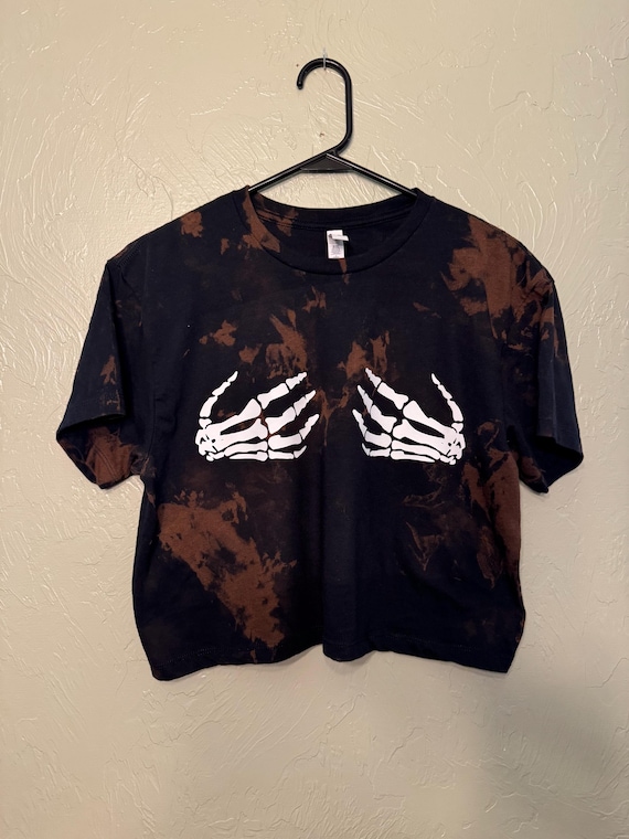 Acid Wash Skeleton Hand Crop Top: Bleached Halloween Shirt