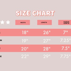 May include: Size chart for a garment with measurements in inches for width, length, and sleeve length. The sizes are small, medium, large, and x-large.