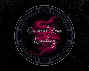 May include: Circular design with a black background, featuring a pink snake illustration within a decorative frame. The text "General Love Reading" is written in white and pink cursive font.