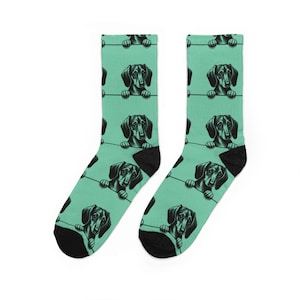 Black Dachshund Pattern Socks | Crew Socks, Mint Background