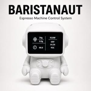 May include: A white Baristanaut espresso machine control system shaped like an astronaut. The screen displays text including 30g, 0.0g, FLOW, OFF, 14.26, and 93C. The device features a central dial and a digital interface with icons for weight and time.