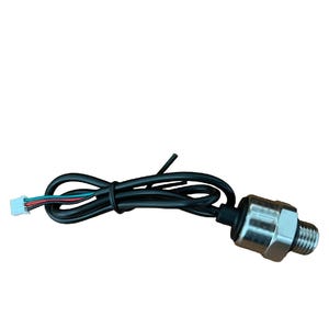 May include: A silver pressure sensor with a black wire and a white connector. The sensor has a threaded end for connecting to a pipe or fitting.