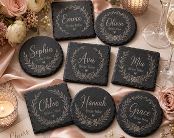 Personalized Bridal Party Slate Coasters, Custom Bridesmaid Name Coasters, Bride Tribe Drink Coaster Set, Wedding Party Gift for Bridesmaids