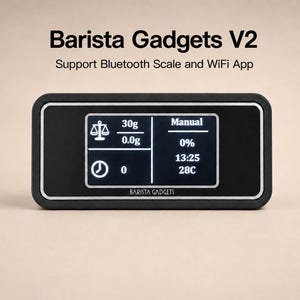May include: A black rectangular Barista Gadgets V2 digital display unit with a screen showing scale data, manual mode, time, and temperature. The text Barista Gadgets V2 Support Bluetooth Scale and WiFi App is printed above the device.