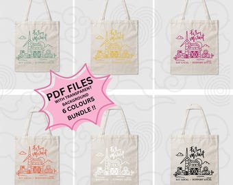 May include: A set of six tote bag designs featuring a farm market illustration with the text "Farm Market" and "Eat Local - Support Local". The designs are in six different colors: green, yellow, pink, red, white, and black.