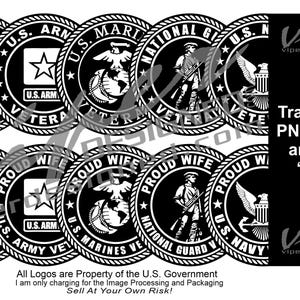 May include: Ten black and white circular images of military branch logos. Each logo features a star, the branch's insignia, and the words "Proud Wife" and "Veteran".