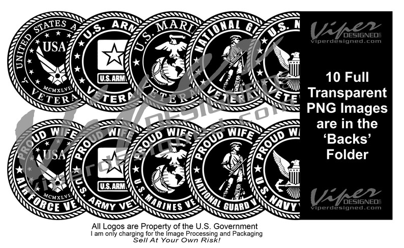 May include: Ten black and white circular images of military branch logos. Each logo features a star, the branch's insignia, and the words "Proud Wife" and "Veteran".