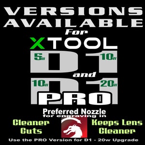 May include: Black graphic with white text stating "VERSIONS AVAILABLE For XTOOL D1 and D1 PRO". The image highlights 5W, 10W, and 20W options. Additional text promotes "Cleaner Cuts" and "Keeps Lens Cleaner".