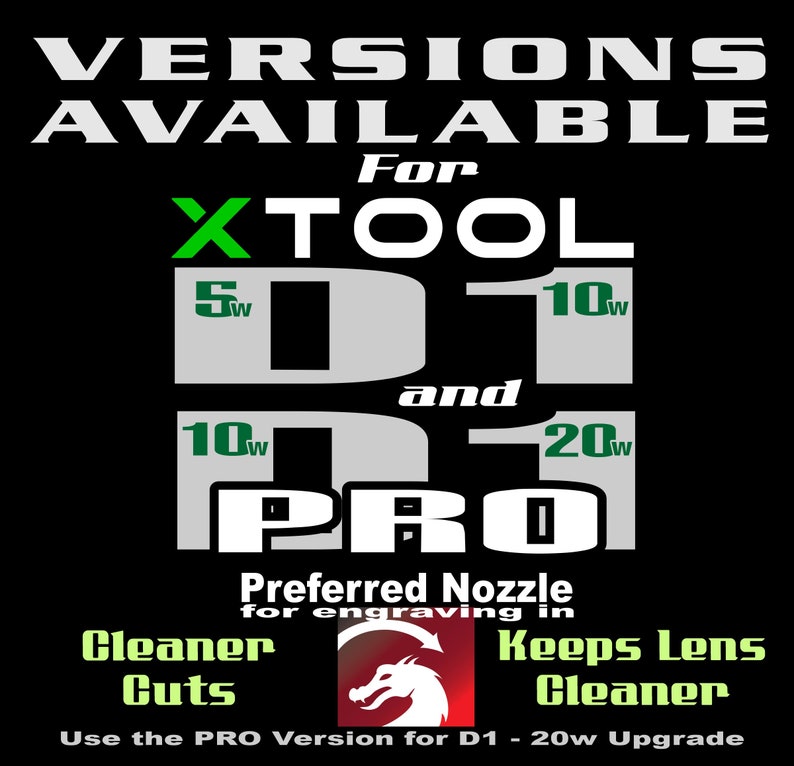 May include: Black graphic with white text stating "VERSIONS AVAILABLE For XTOOL D1 and D1 PRO". The image highlights 5W, 10W, and 20W options. Additional text promotes "Cleaner Cuts" and "Keeps Lens Cleaner".